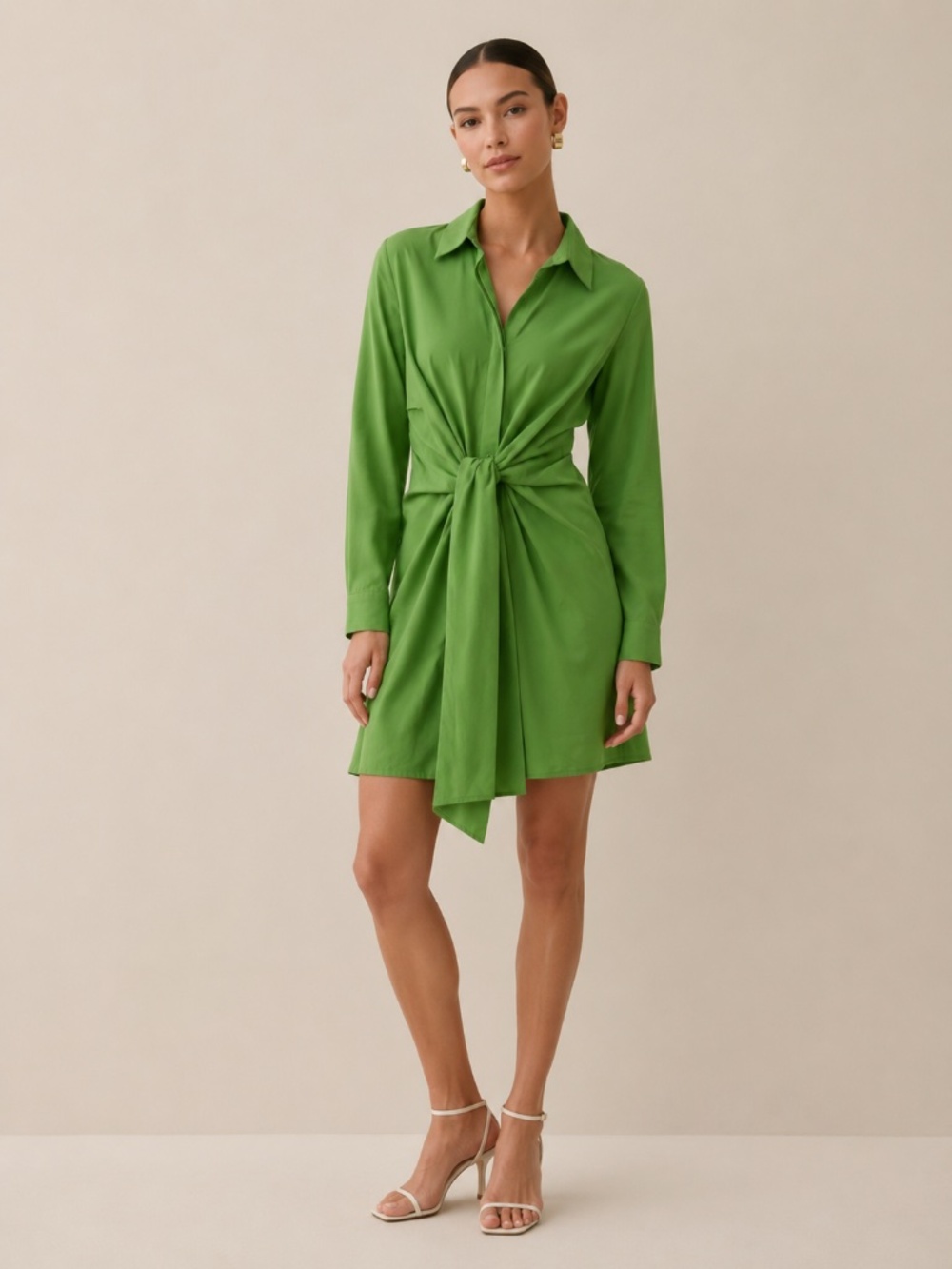 NWT Mango Green Tie Waist Shirt Dress Women’s Size 2 Long Sleeve Modern